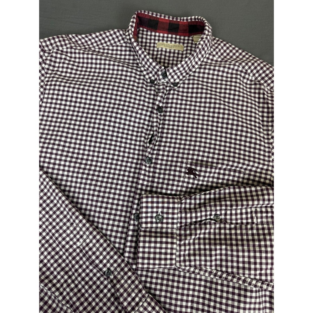 Burberry Brit Mens Large Plum Gingham Cotton Button Down Long Sleeve Shirt